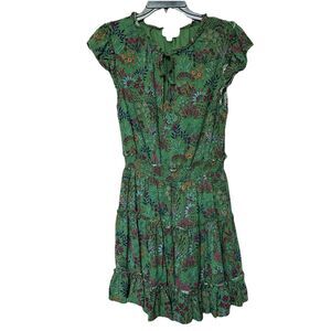 Sugarlips Dress Small Midi Cap Sleeve Smocked Waist Green Floral Fairy Cottage